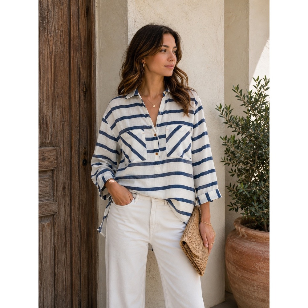 Tribal Blue White Striped Tunic Top‎ S Coastal Grandmother Nautical Boho Chic